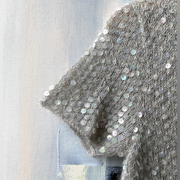 Vintage 90's MOSCHINO Gray Sequin Mohair Crop T-Shirt - Picture 3 of 8